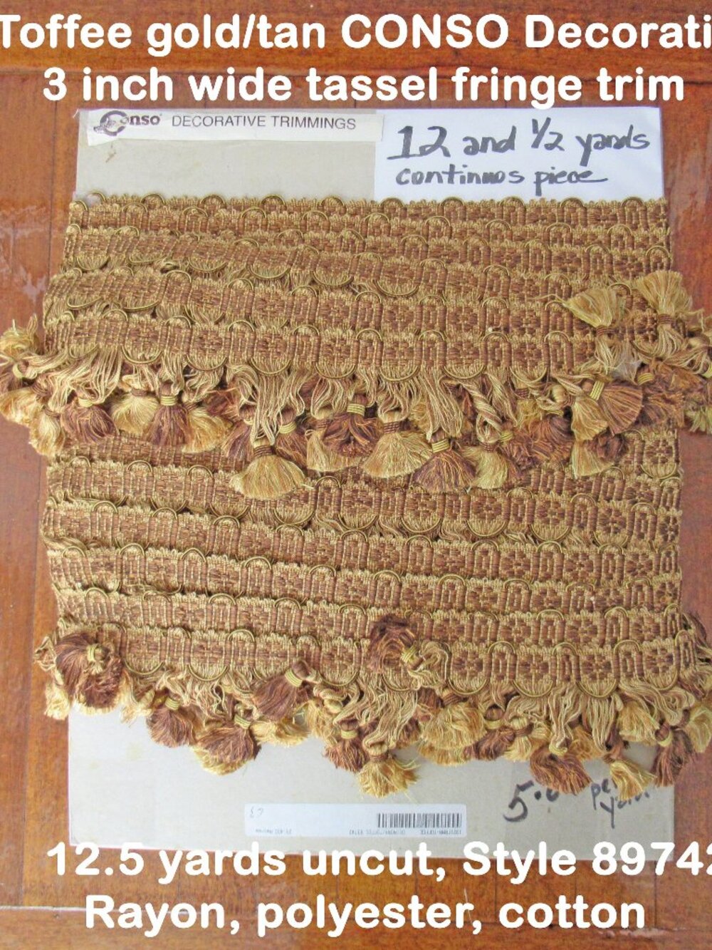 Toffee gold/tan CONSO Decorative 3" wide tassel fringe trim, Original VTG label